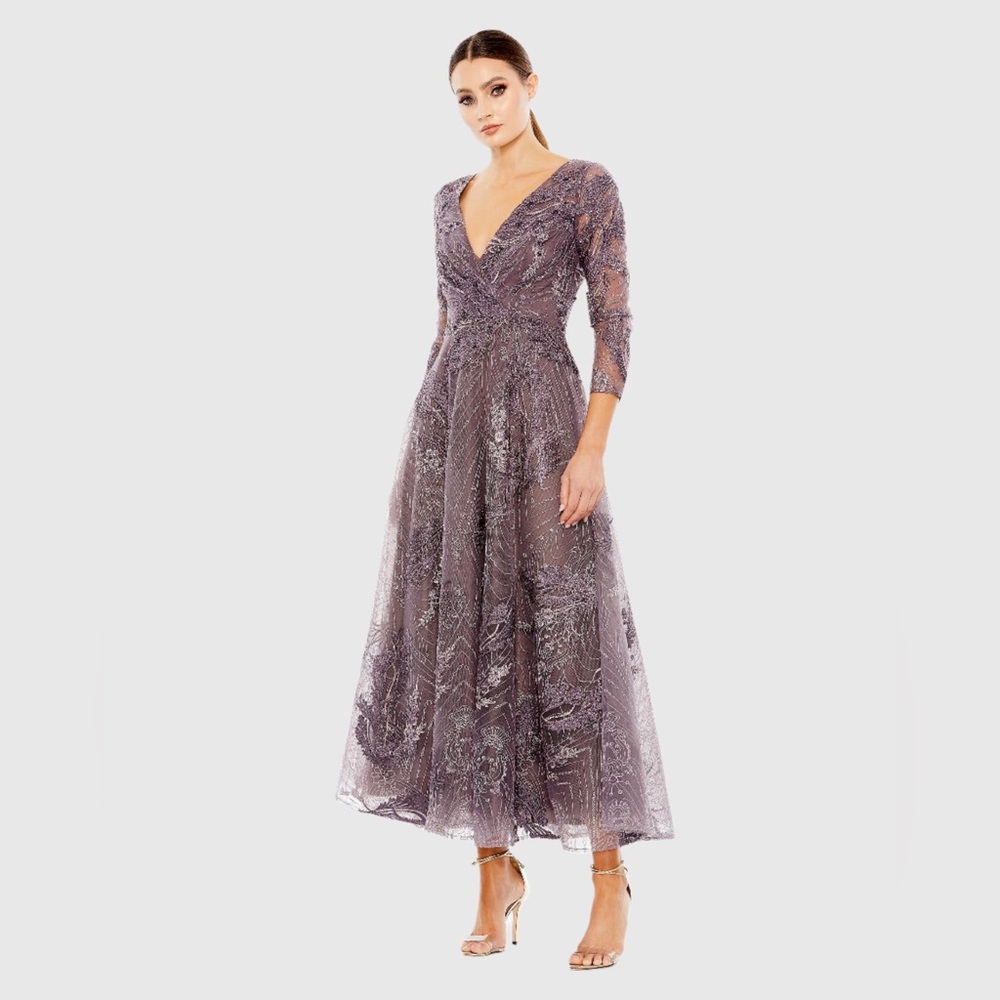 MAC DUGGAL 20336 Womens Embellished Wrap Over 3/4 Sleeve Dress Purple